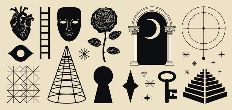 Black esoteric symbols on beige background heart ladder