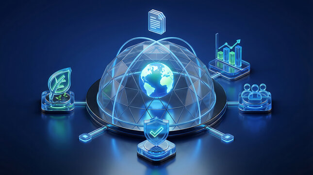 3d isometric esg governance analytics illustration with global sustainability dome protection stakeholder insights environmental metrics and policy reporting