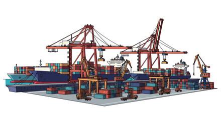 Fototapeta premium Container Ship Loading at Industrial Port with Cranes and Cargo