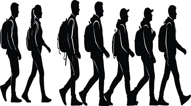 Black silhouette of people walking with backpacks side view set, group of students travelers or hikers traveling on white background isolated