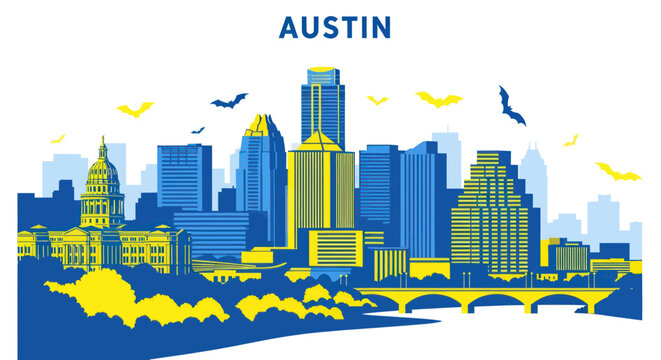 Austin Skyline with Texas State Capitol Building and Bats