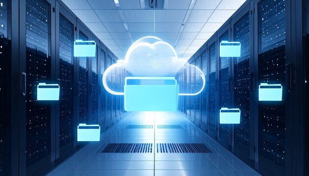 "Floating digital folder icons in front of server racks, symbolizing data management, cloud storage, and IT infrastructure."