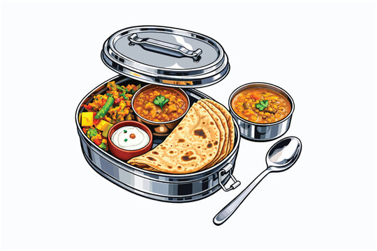 Indian meal in a tiffin box vector illustration
