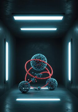Abstract visualization of repetitive communication cycles bouncing within a sterile, confined space, symbolizing societal isolation, enclosed, social media, algorithm