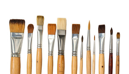 Fototapeta premium Various paintbrushes of different sizes and shapes, arranged neatly against a black backdrop