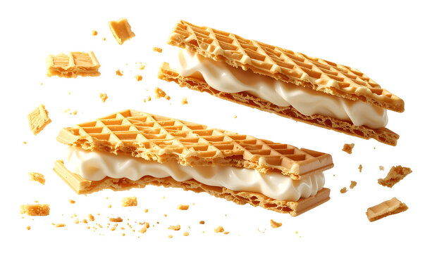 Floating square wafer cookies with cream filling and crumbly debris, isolated on black