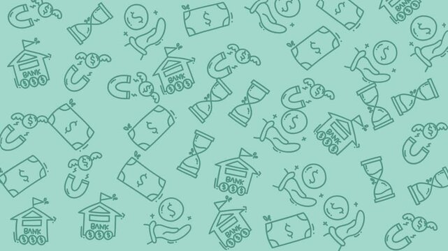 Abstract seamless background featuring finance and education icons such as money clock and graduation cap for business and learning themed projects