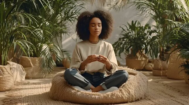 Woman meditates with rubiks cube in nature.
