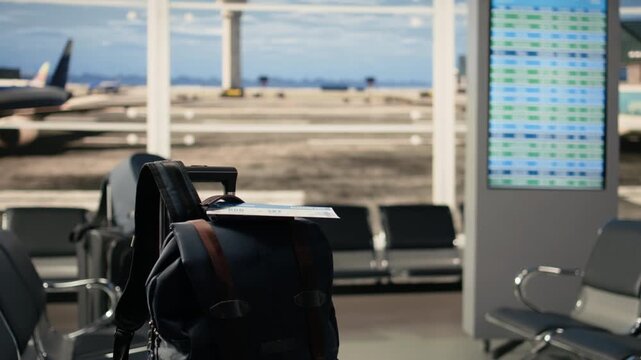 Airport departure lounge with no people present shows information screen with boarding updates, delays and departure gates. Unattended suitcases and backpacks in empty interior.