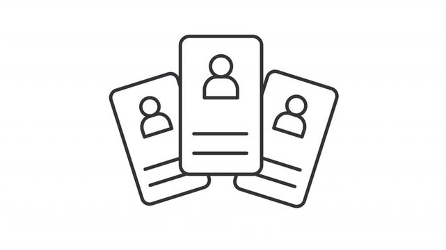 Employee resumes line animation. Identification badges animated icon. Scaling cv cards. Profiles showing up. Hiring process. Outline element on white background. HD video with alpha channel