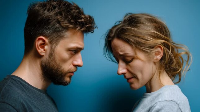 A man and a woman on a plain blue background. Both look deeply sad and powerless. Their shoulders are slouched, their arms hanging down helplessly. They are facing each other, looking into each other&rsquo;