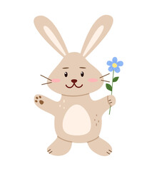 Obraz premium Cute cartoon bunny, hare. Animalistic vector illustration of Easter little rabbit with flowers. Print for nursery, poster and postcard.