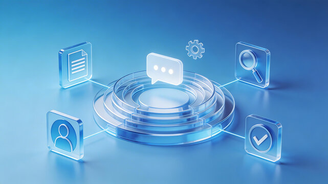 3d isometric saas collaboration platform with chat user document search settings and approval workflow icons