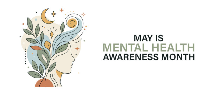 Woman side profile abstract art, May is Mental Health Awareness Month inner peace and mindfulness concept flat vector illustration banner, Mental and Psychological well-being background