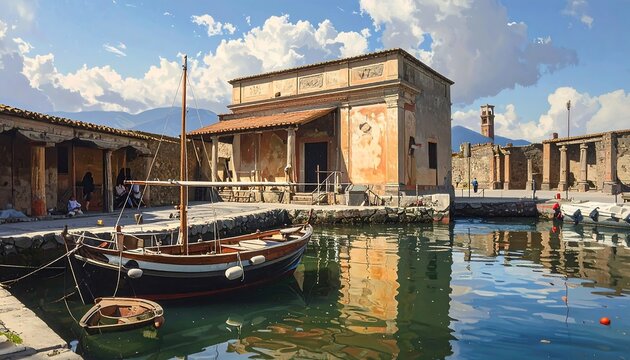 Picturesque harbor view of Herculaneum ruins in Ercolano, Italy on a sunny day