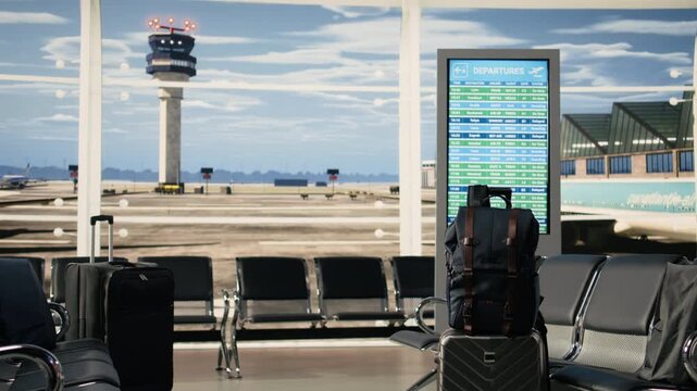 Empty airport waiting area, luggage and backpacks left, departures board, showing flight numbers and airline schedules. No people inside typically busy terminal and quiet moment indoors.