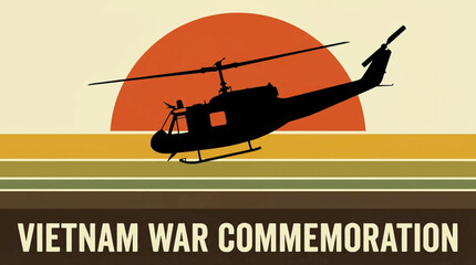 Abstract flat vector of a Huey helicopter silhouette over a sunset for Vietnam War commemoration © Bima