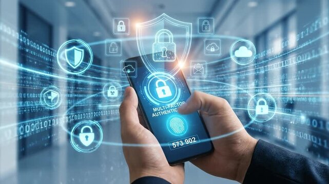 Multi factor authentication mobile phone security digital protection technology with lock shield interface fingerprint scan biometric verification secure access privacy network safety cyber security