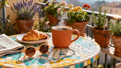 Fototapeta premium Mediterranean Balcony Morning with Coffee, Croissant and Mosaic Table in Early Spring Light 