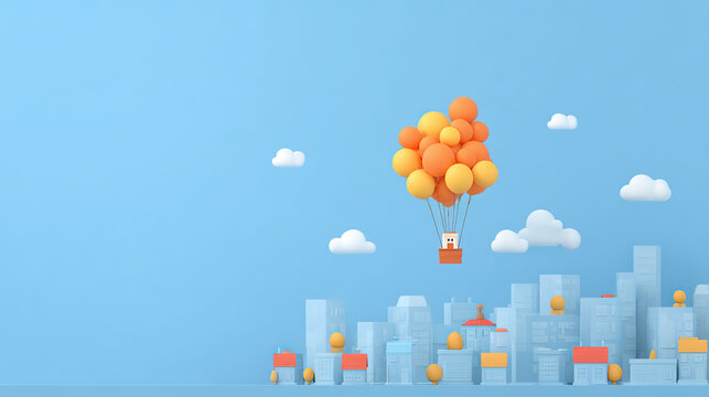 3d illustration of a small house flying with a bunch of orange balloons