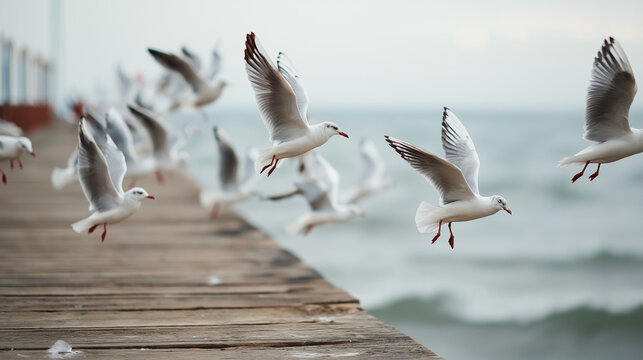 squabbling. Flock of seagulls squabbling over food near a weathered dock in flight. wildlife magazines, conservation campaigns, designed for nature documentaries and education.