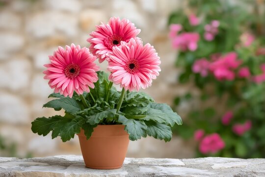 Pink gerbera daisies blooming in terracotta pot