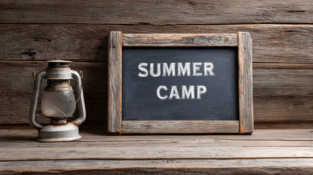 Summer camp sign near an old lantern on a wooden table in a rustic setting