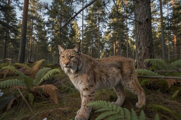Obraz premium A majestic adult lynx stands alertly in a dense coniferous forest, its piercing gaze fixed on the camera as soft diffused light filters through the canopy.
