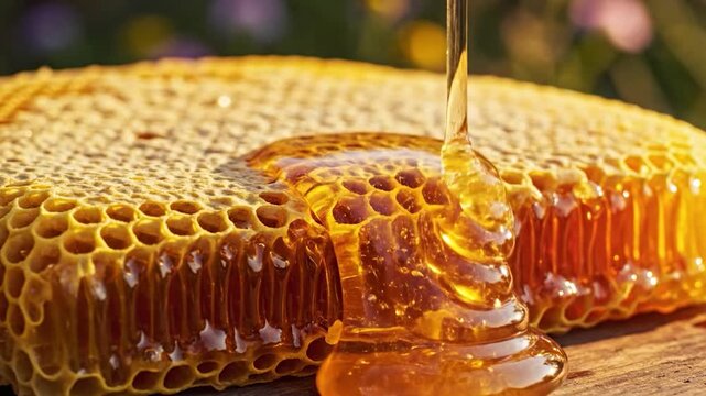 Golden liquid sweetener dripping onto a natural honeycomb structure