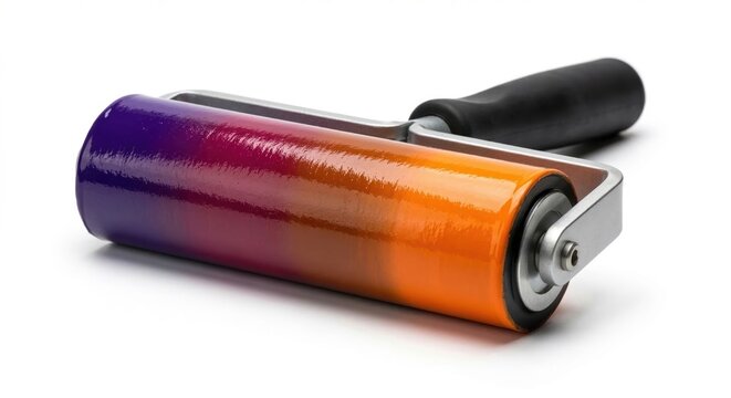 Rubber printmaking brayer roller coated with glossy gradient ink macro isolated on white background