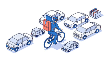 Food delivery courier on bike in traffic jam fast service isometric vector illustration blue cars gift box icon