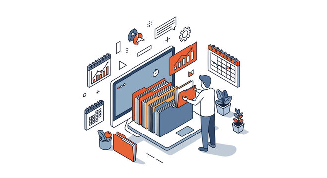 Man fix file and data on pc for work and task at desk with plan fast