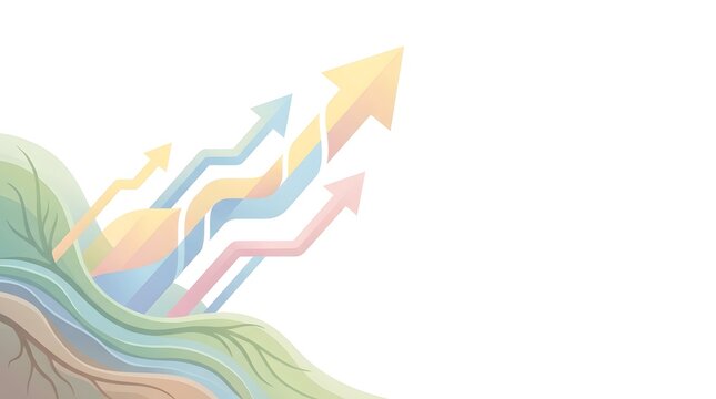 Abstract business arrows decoupling from organic earth layers, illustrating sustainable economic growth and environmental progress with copy space.