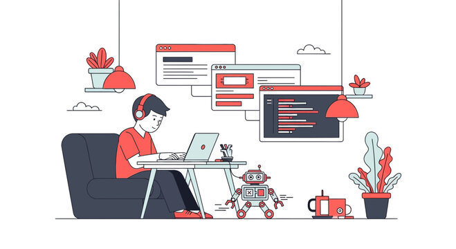 Young boy student learning computer coding programming software development and robotics at his home desk