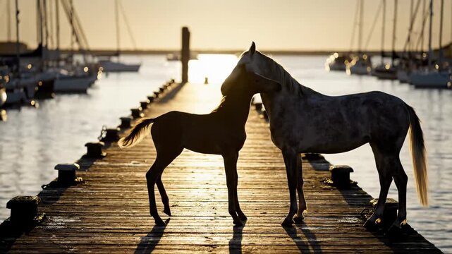 Horses on a dock at sunset, silhouette of foal and mare.