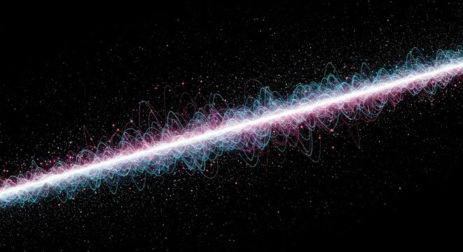 Dynamic abstract representation of quantum duality, merging flowing energy waves with discrete scattered particles in a dark, infinite space, cosmos, fractal, violet