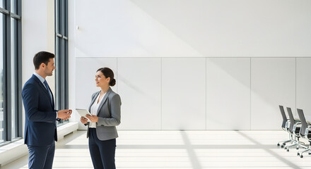 Fototapeta premium Two business professionals discussing a project while standing in a modern office conference room with large windows and chairs