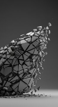Shattered grey structure dissolving into small angular shards, creating negative space and representing conceptual division, void, decomposition, shape