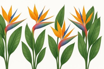 Obraz premium Bird of paradise flowers and green leaves on a white background