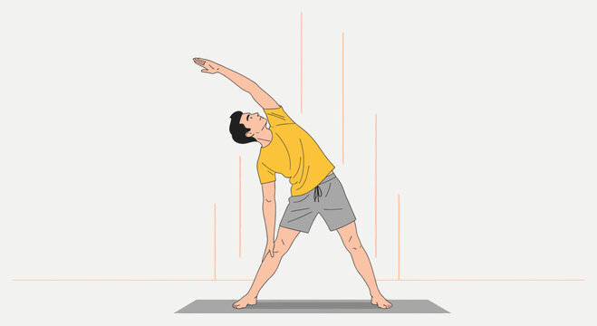 Man practicing Triangle Pose (Trikonasana) yoga on a mat, stretching body