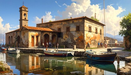 Naklejka premium Picturesque Italian harbor scene with rustic buildings and reflections in the water