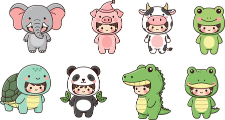 Fototapeta premium Kawaii Chibi Kids in Cute Animal Costumes Vector Set Featuring Elephant Pig Cow Frog Turtle Panda Crocodile and Dinosaur Onesie Outfits