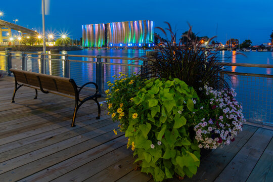 Buffalo NY waterfront with illuminated grain silos