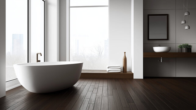 overemphasized. Modern white bathroom with dark wood floors and natural light. real-estate listings, architecture portfolios, designed for real-estate listing and luxury residence showcases.