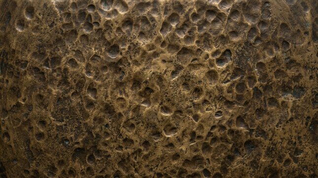 Macro texture of heavily oxidized vintage hammered brass, deep golden-brown metal with dark patina and cultural antique background.
