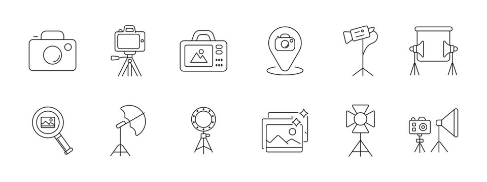Photography studio set icon. Camera tripod photo device map marker video light backdrop magnifier umbrella ring lamp softbox depict shooting equipment lighting session.