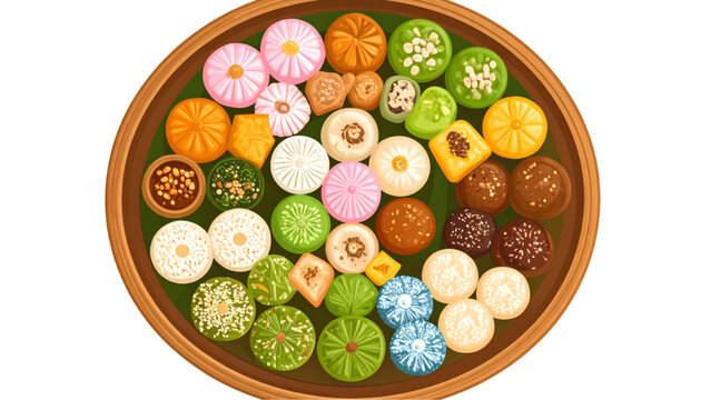 Top view vector illustration of assorted Indonesian traditional snacks (jajanan tradisional) arranged on a round tray, featuring colorful kue like klepon, putu, and onde-onde