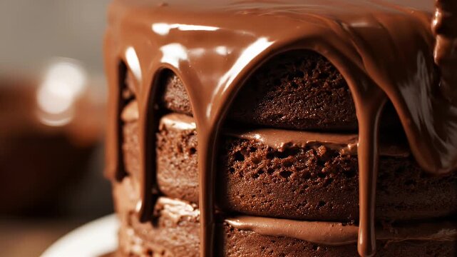 A close-up of a layered chocolate cake with melting ganache cascading down the sides