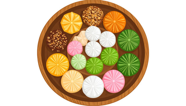 Top view vector illustration of assorted Indonesian traditional snacks (jajanan tradisional) on a wooden tray, featuring colorful kue with various shapes and textures