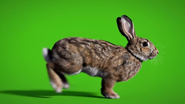 Running brown rabbit on green screen background, jumping animal, furry mammal in motion, isolated wildlife
